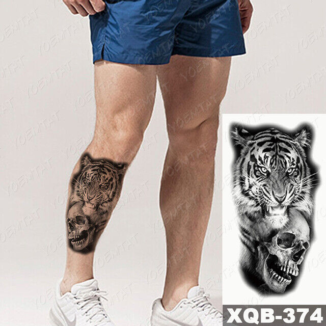 Tiger with Skull Temporary Tattoo Fake Sticker Waterproof Womens Mens Arm Leg