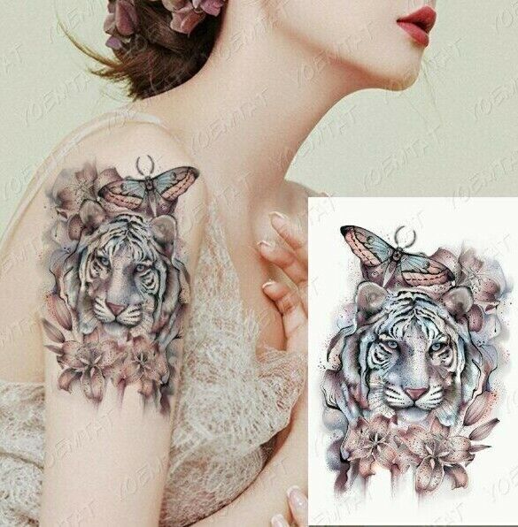 Tiger Butterfly Flowers Temporary Tattoo Fake Sticker Women Arm Leg Thigh Sleeve
