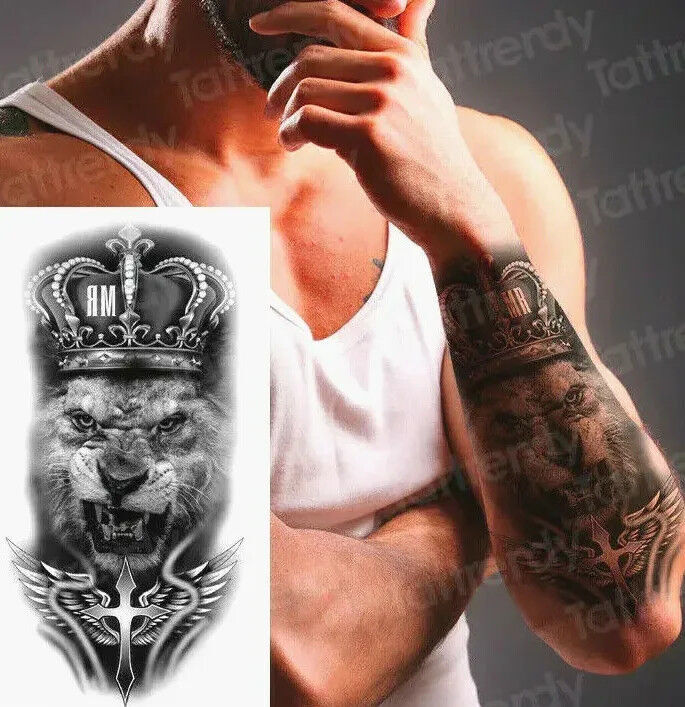Lion Crown Mens Temporary Tattoo Fake Sticker Women Arm Leg Thigh waterproof