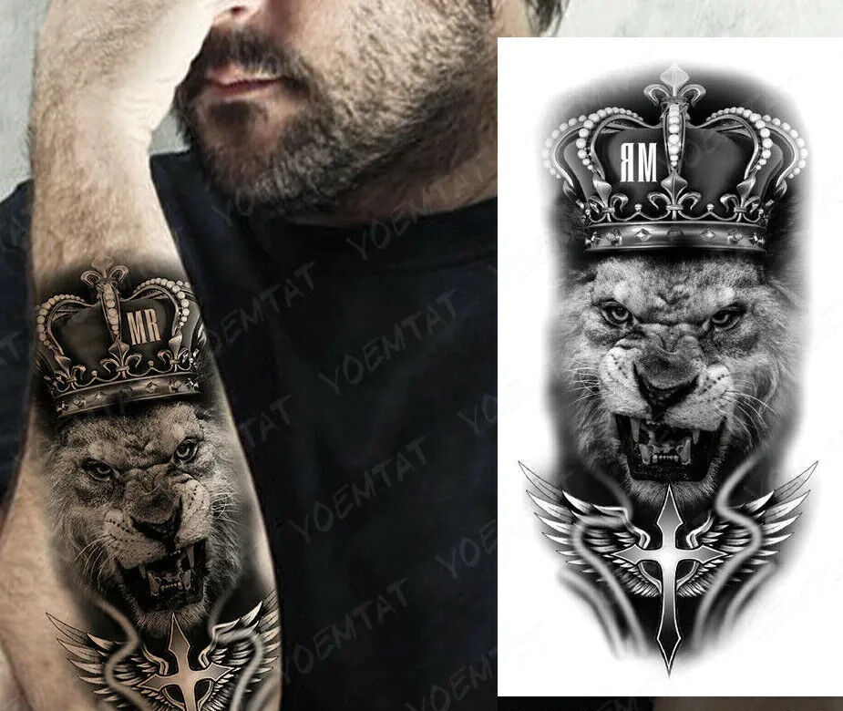 Lion Crown Mens Temporary Tattoo Fake Sticker Women Arm Leg Thigh waterproof