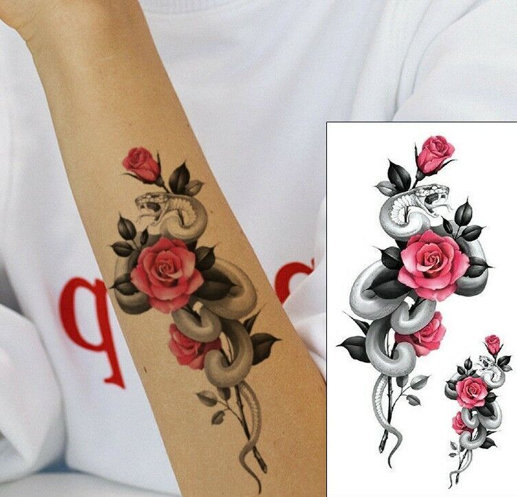 Snake Red Roses Temporary Tattoo Arm Leg Thigh Girls Womens Waterproof Tattoos