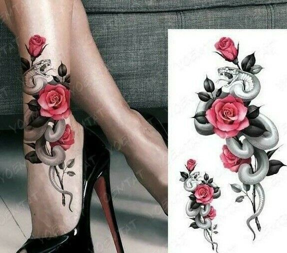 Snake Red Roses Temporary Tattoo Arm Leg Thigh Girls Womens Waterproof Tattoos