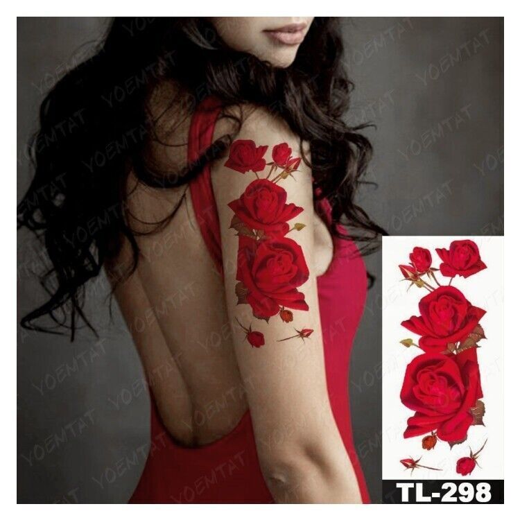 Sexy Red Roses Temporary Tattoo Waterproof Flower Womens Tattoos Fake Sticker