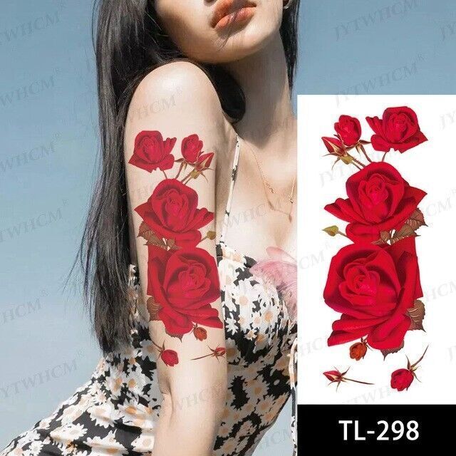 Sexy Red Roses Temporary Tattoo Waterproof Flower Womens Tattoos Fake Sticker