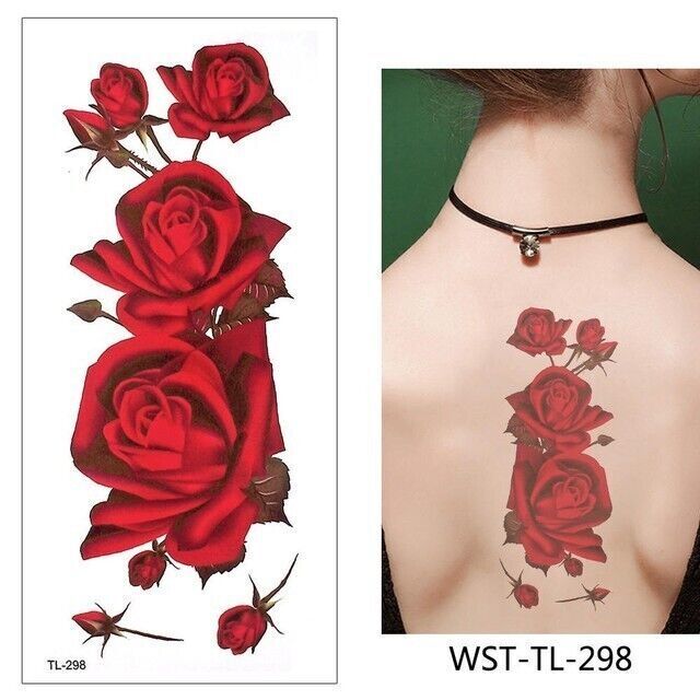 Sexy Red Roses Temporary Tattoo Waterproof Flower Womens Tattoos Fake Sticker
