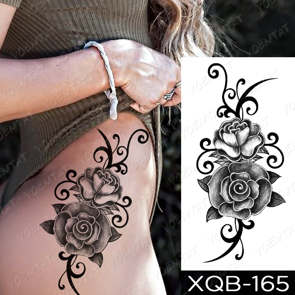 Tribal Black Rose Waterproof Womens Temporary Tattoo Fake Body Thigh Leg Arm