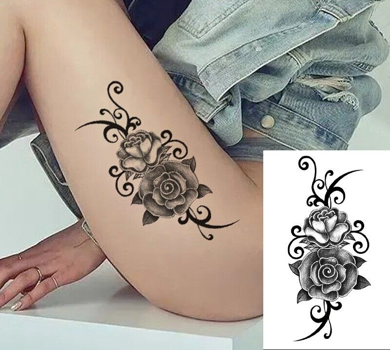 Tribal Black Rose Waterproof Womens Temporary Tattoo Fake Body Thigh Leg Arm