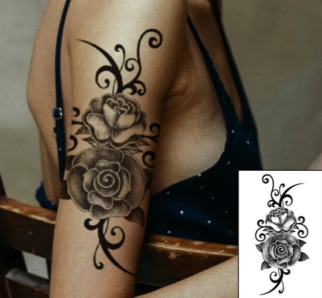 Tribal Black Rose Waterproof Womens Temporary Tattoo Fake Body Thigh Leg Arm