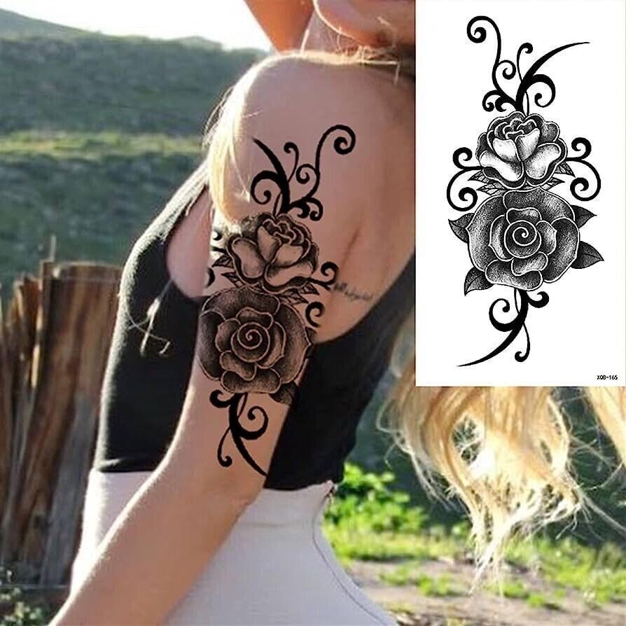 Tribal Black Rose Waterproof Womens Temporary Tattoo Fake Body Thigh Leg Arm
