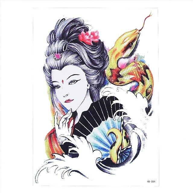 Japanese Temporary Tattoo Geisha Girl Snake Waterproof Fake Sticker Women Mens