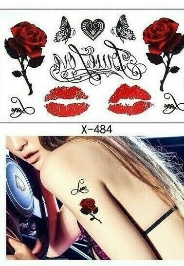 Love Red Lipstick Kisses Roses Butterflies Heart Temporary Tattoos Fake Women UK