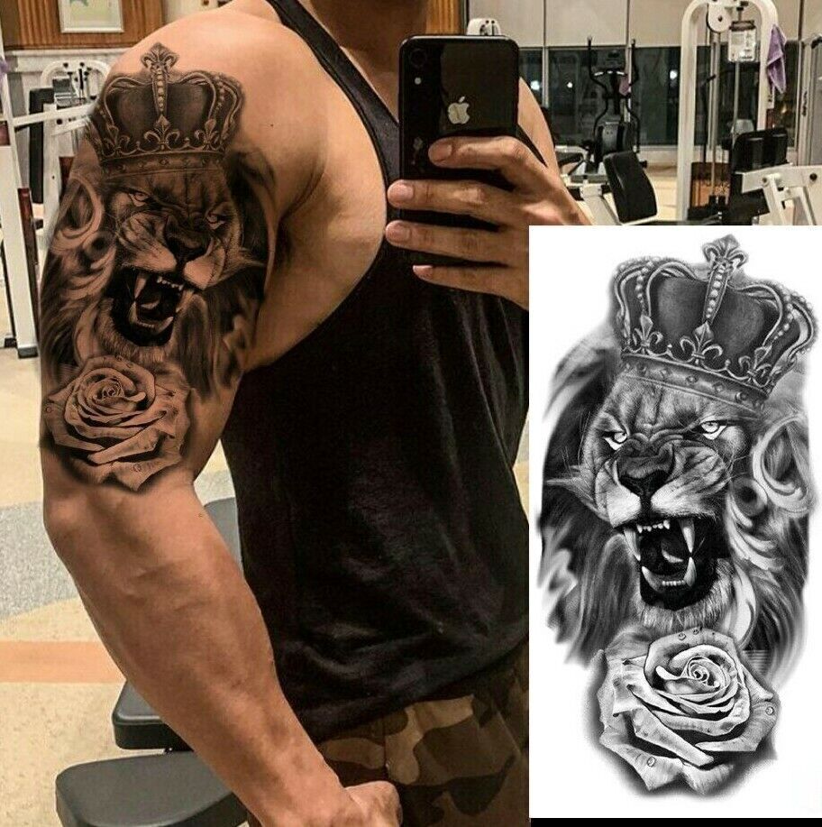 Realistic King Lion Mens Temporary Tattoo Womens Press On Fake Tattoos Arm Bicep