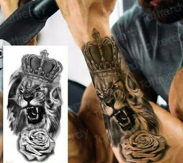Realistic King Lion Mens Temporary Tattoo Womens Press On Fake Tattoos Arm Bicep