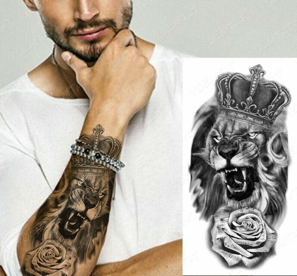 Realistic King Lion Mens Temporary Tattoo Womens Press On Fake Tattoos Arm Bicep