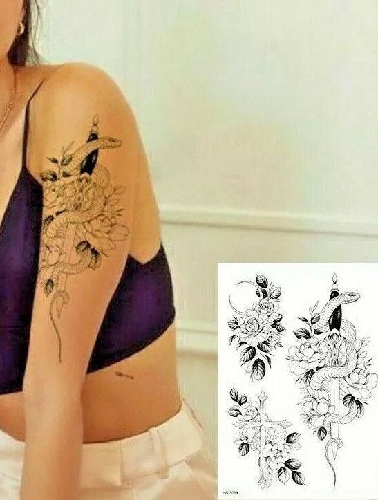 Snake Flowers Temporary Tattoos Waterproof Sleeve Womens Fake Leg Arm tattoo