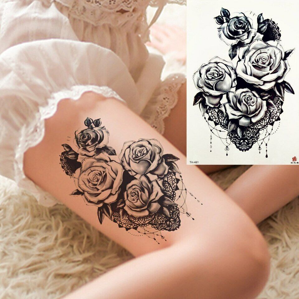 Black Lace Rose Temporary Tattoos Womens Waterproof tattoo Fake Sticker Sexy