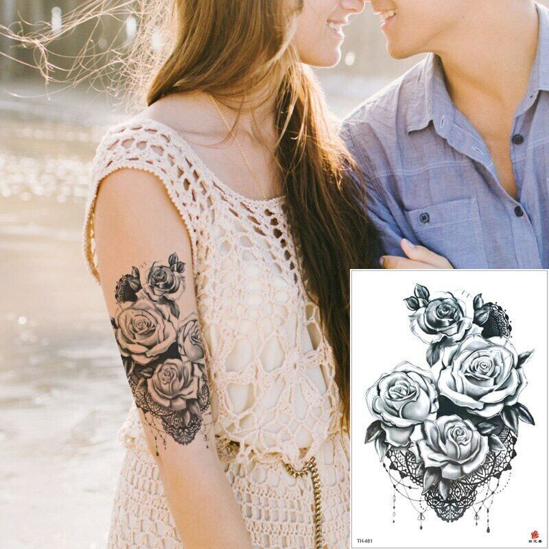 Black Lace Rose Temporary Tattoos Womens Waterproof tattoo Fake Sticker Sexy