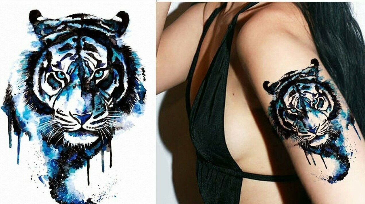 Pretty Blue Tiger Temporary Waterproof Tattoos Fake Body Sticker Art Women Mens