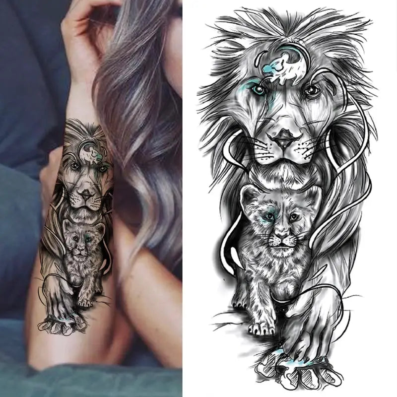 Mother Mum Baby Lioness Cub Womens Temporary Tattoo Fake Sticker Mens Leg Arm