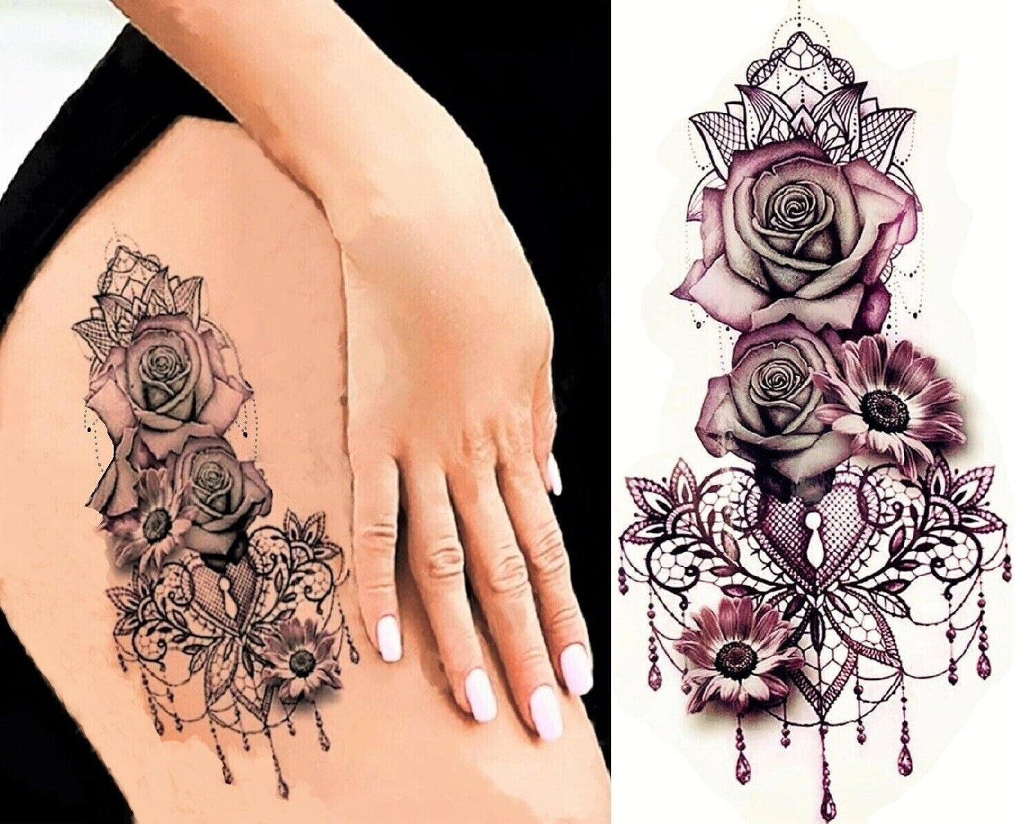 Womens Roses Flower Temporary Tattoo Waterproof Body Back Arm Leg Pretty tattoos