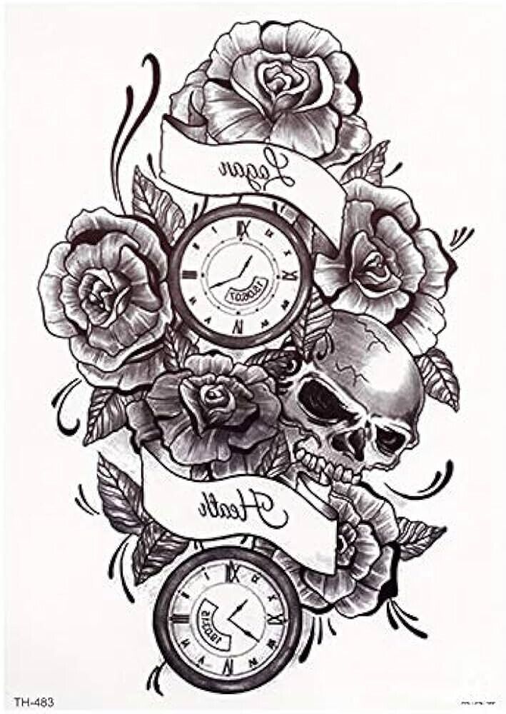 Sexy Roses Skulls Watch Temporary Tattoos Sticker Womens Fake Arm Sleeve Leg