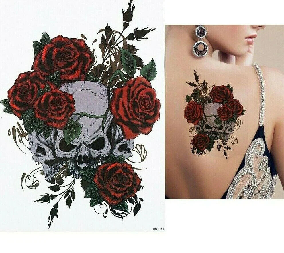 Red Roses Skull Womens Temporary Tattoo Sleeve Fake Sticker Tattoos Arm Body