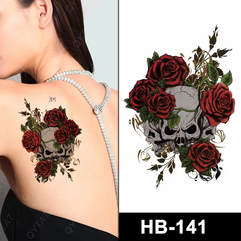Red Roses Skull Womens Temporary Tattoo Sleeve Fake Sticker Tattoos Arm Body