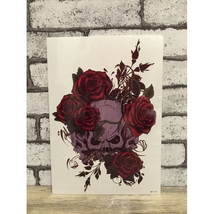 Red Roses Skull Womens Temporary Tattoo Sleeve Fake Sticker Tattoos Arm Body