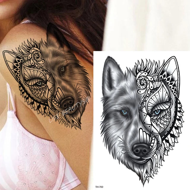 Detailed Wolf Temporary Tattoo Sticker Womens Arm Leg Mens Tribal Back Tattoos