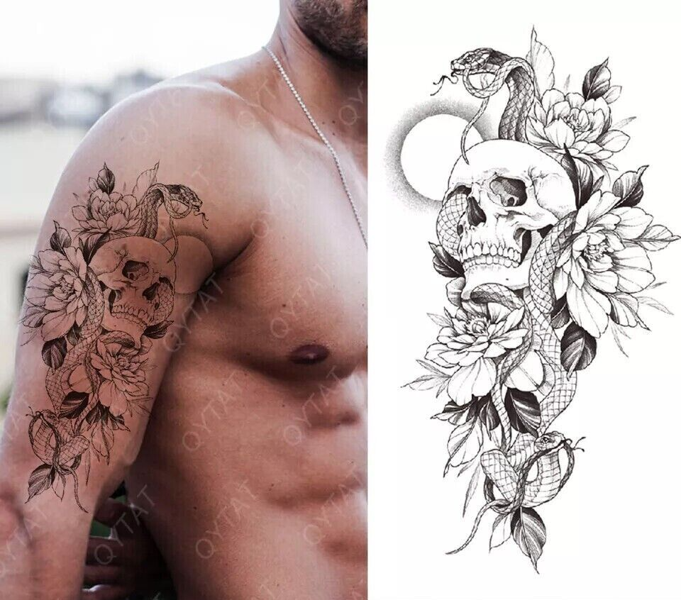 Skull Snake Flowers Temporary Tattoo Womens Mens Arm Fake Sticker Leg Thigh