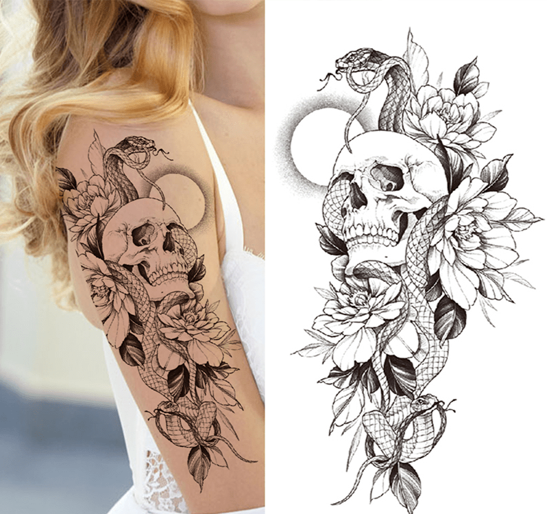 Skull Snake Flowers Temporary Tattoo Womens Mens Arm Fake Sticker Leg Thigh