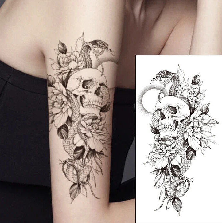 Skull Snake Flowers Temporary Tattoo Womens Mens Arm Fake Sticker Leg Thigh