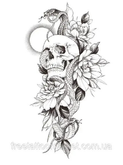Skull Snake Flowers Temporary Tattoo Womens Mens Arm Fake Sticker Leg Thigh