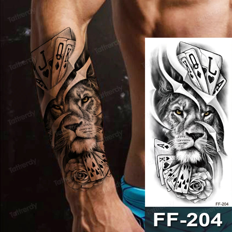 Lion Playing Cards Flowers Mens Womens Temporary Tattoo Fake Tattoos Waterproof