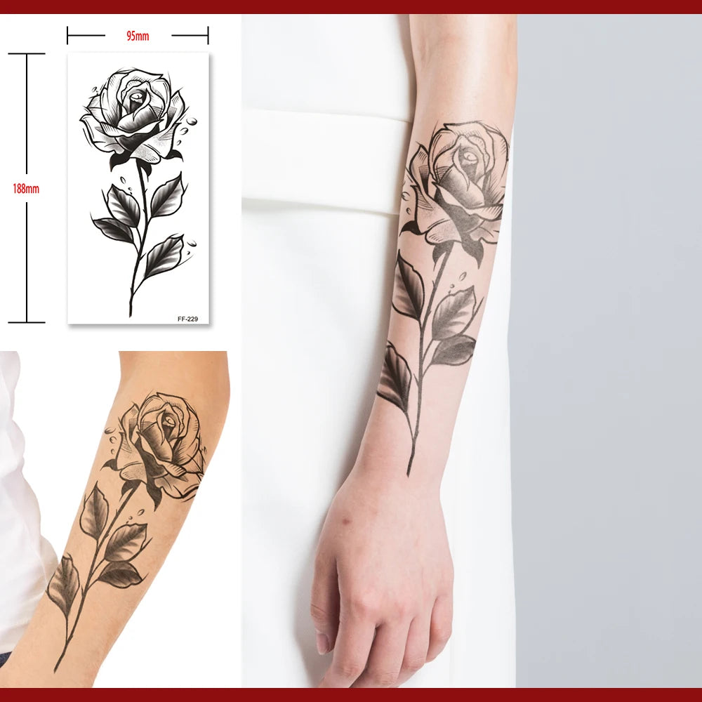 Black Rose Flower Temporary Tattoo Mens Womens Fake Tattoos Waterproof Sticker