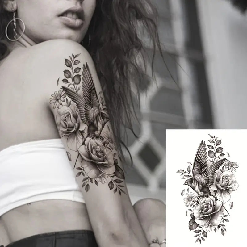 Bird Flowers Temporary Tattoo Fake Sticker Womens Tattoos Arm Leg Waterproof