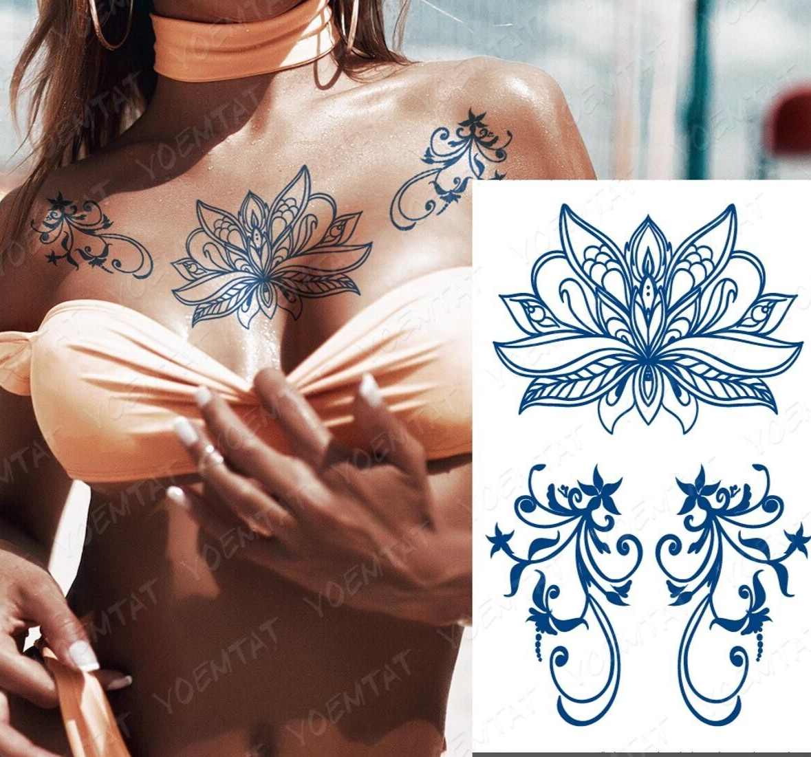 Flowers Semi Permanent Tattoos Long Lasting Womens Tattoo Waterproof Body Art