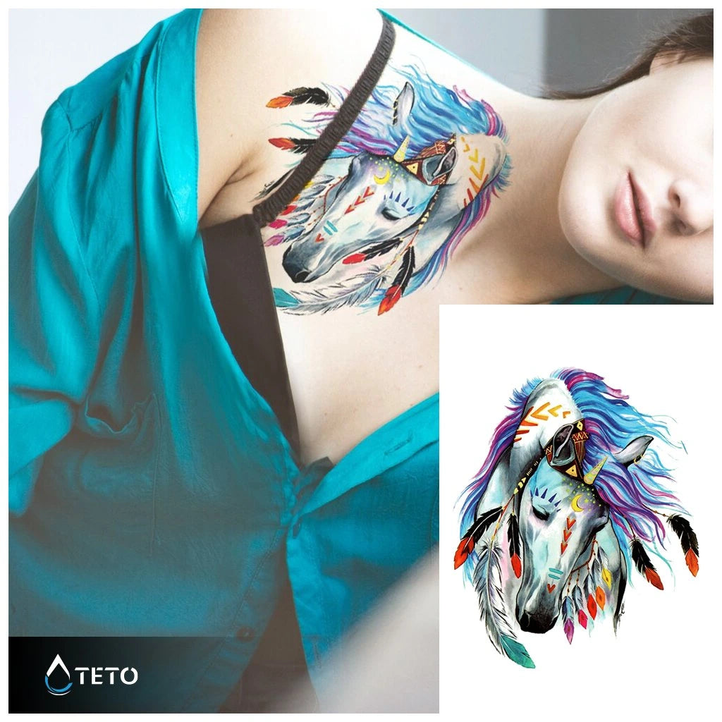 Horse Temporary Tattoo Sticker Womens Waterproof Girls Feather Tattoos