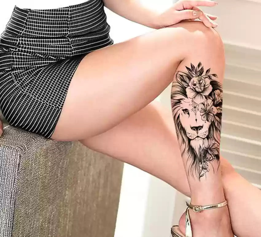 Lioness Lion Flowers Temporary Tattoo Fake Press Sticker Womens Tattoos Arm Leg