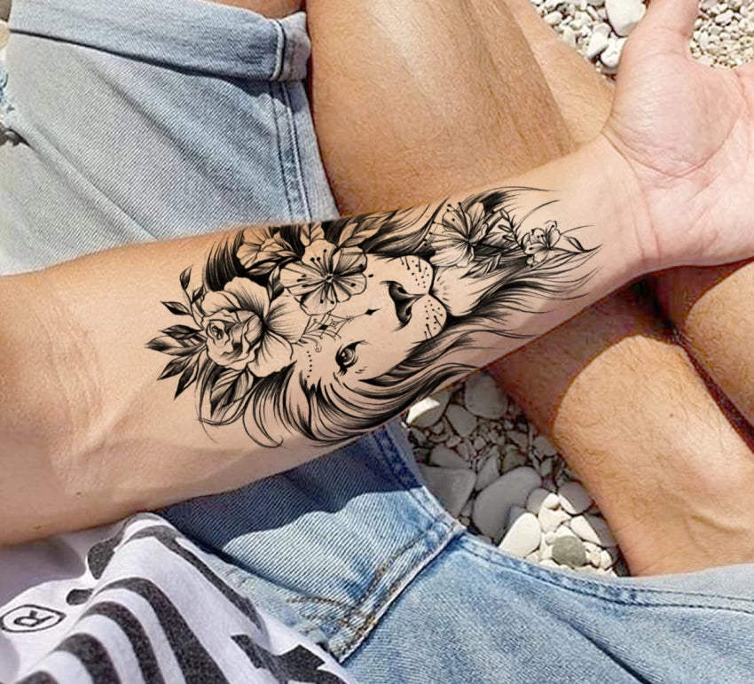 Lioness Lion Flowers Temporary Tattoo Fake Press Sticker Womens Tattoos Arm Leg
