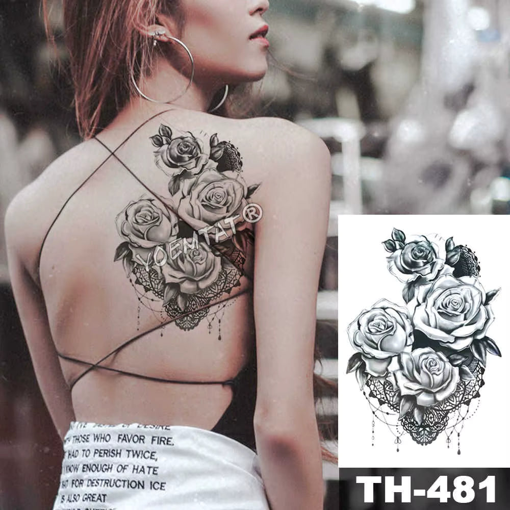 Black Lace Rose Temporary Tattoos Womens Waterproof tattoo Fake Sticker Sexy