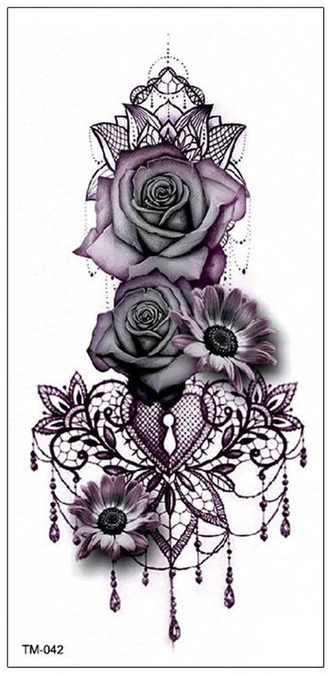 Purple Rose Temporary Tattoo Waterproof Fake Womens Tattoos Arm Leg Lace Body