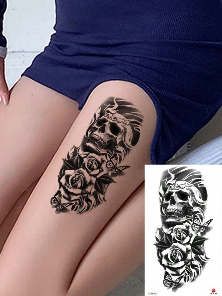 Skull Roses Temporary Tattoo Fake Waterproof Sticker Womens Mens Arm Leg