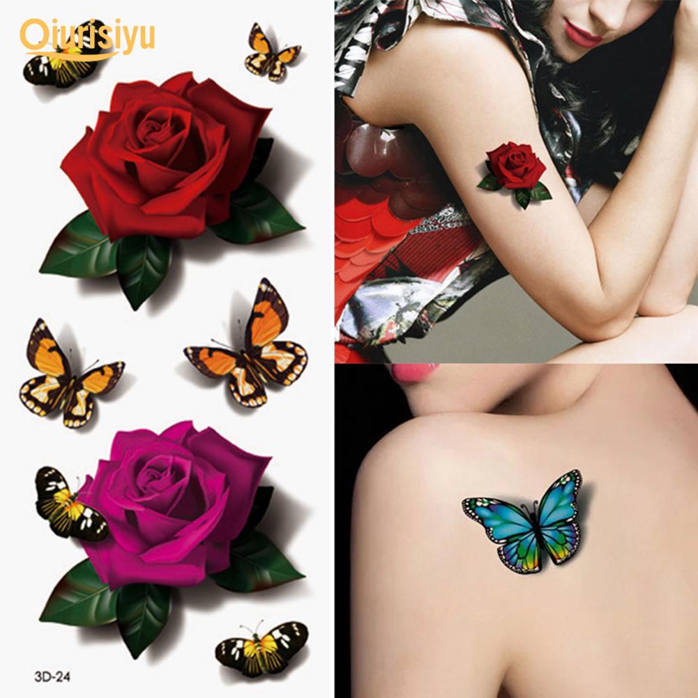 Red Roses Butterflies Temporary Tattoo Sticker Women Men Waterproof tattoos