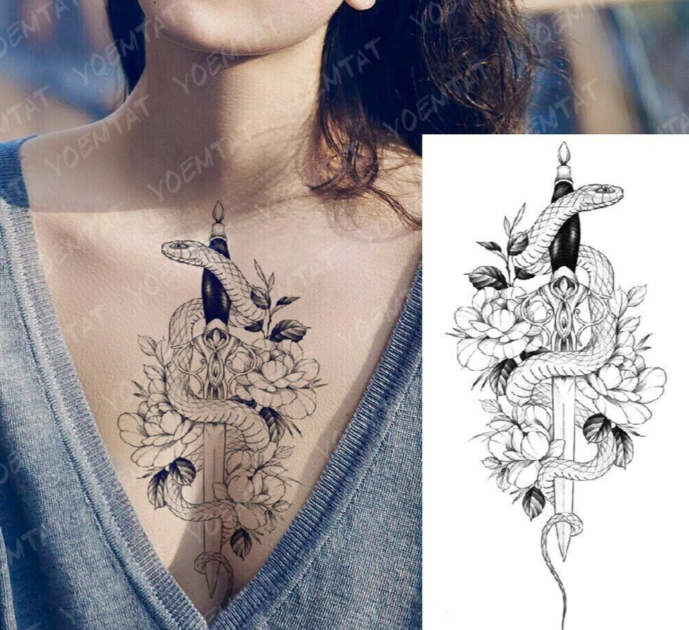 Snake Dagger Temporary Tattoo Waterproof Womens Tattoo Waterproof Body Chest