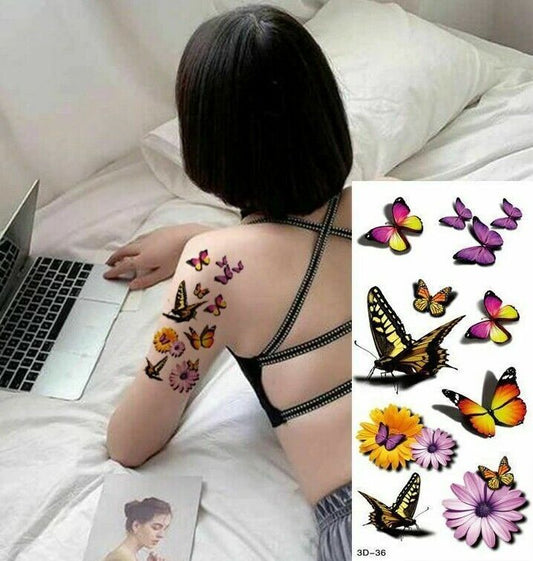 Yellow,Purple Butterflies Flowers Temporary Tattoos Sticker Women Men Waterproof