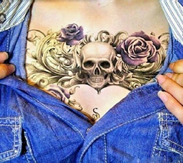 Purple Skulls Roses Temporary Tattoo Sticker Women Fake Chest Back UnderBoob Arm
