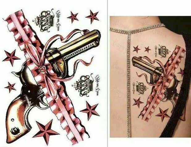 Sexy Gun Lace Garter Ribbon Temporary Tattoos Waterproof Sticker Womens Tattoo
