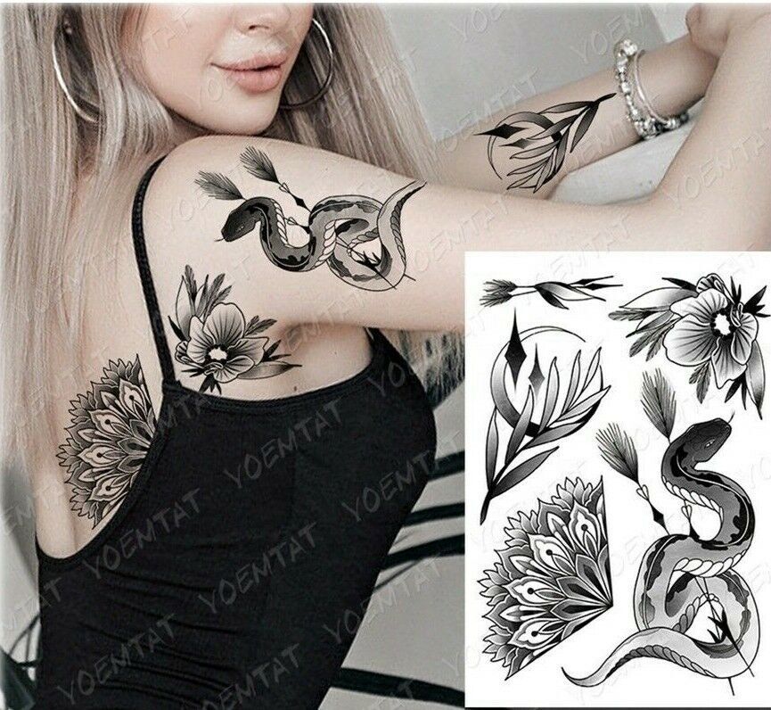 Snake Flowers Womens Tattoos Sticker Girls Waterproof Fake Temporary Tattoo