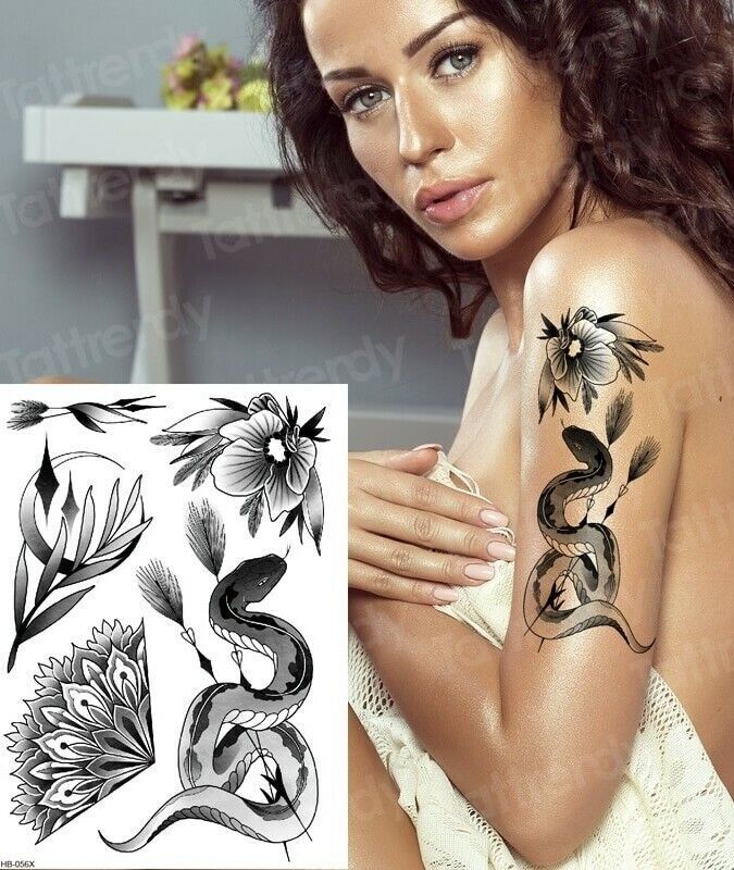 Snake Flowers Womens Tattoos Sticker Girls Waterproof Fake Temporary Tattoo